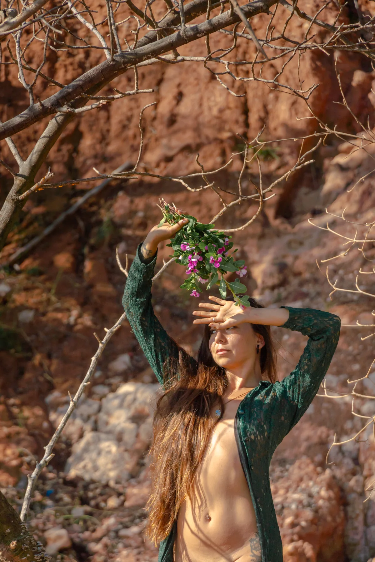Retrato con flores elevadas sobre la cabeza frente a roca rojiza